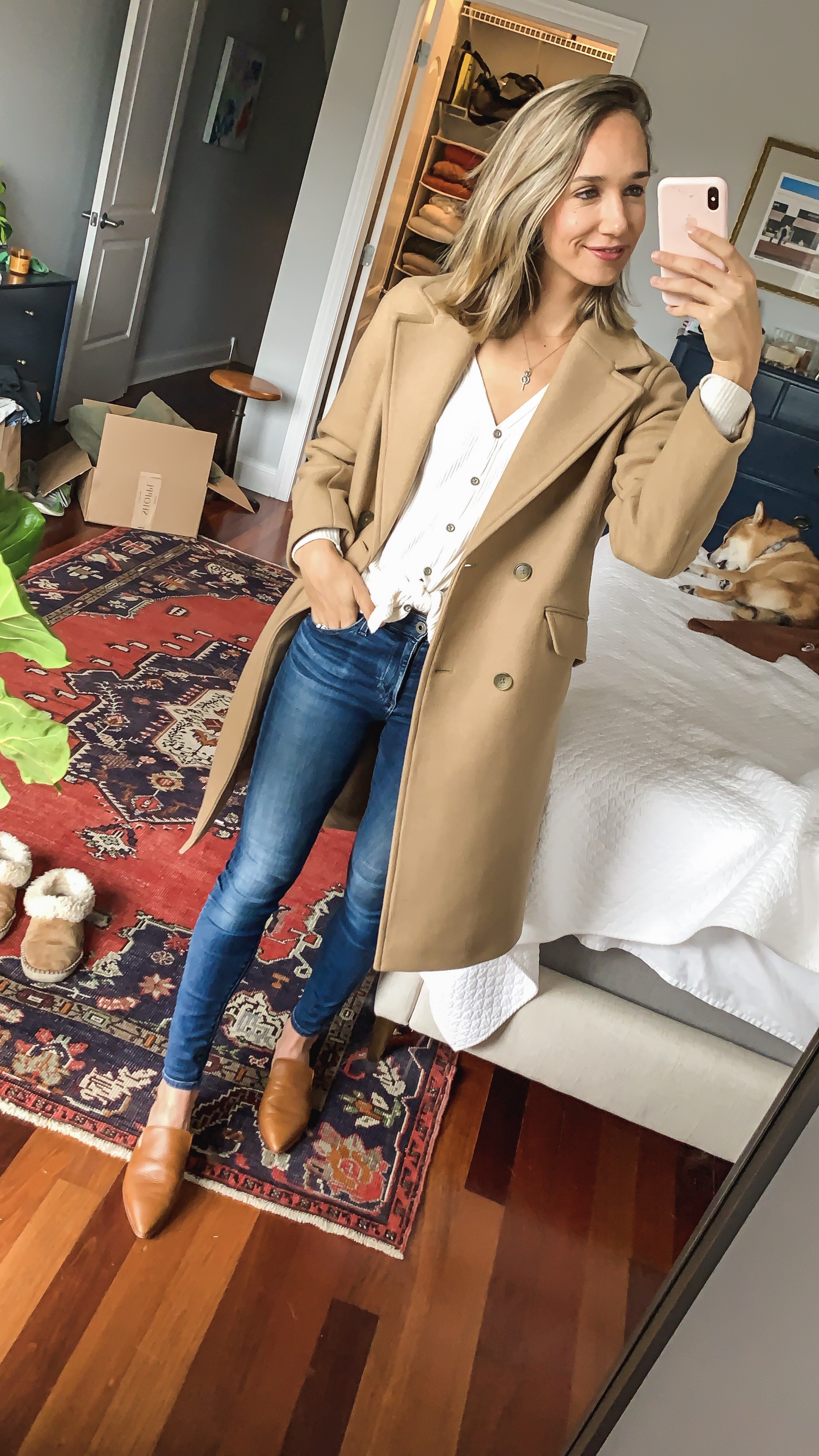 casual camel coat outfit