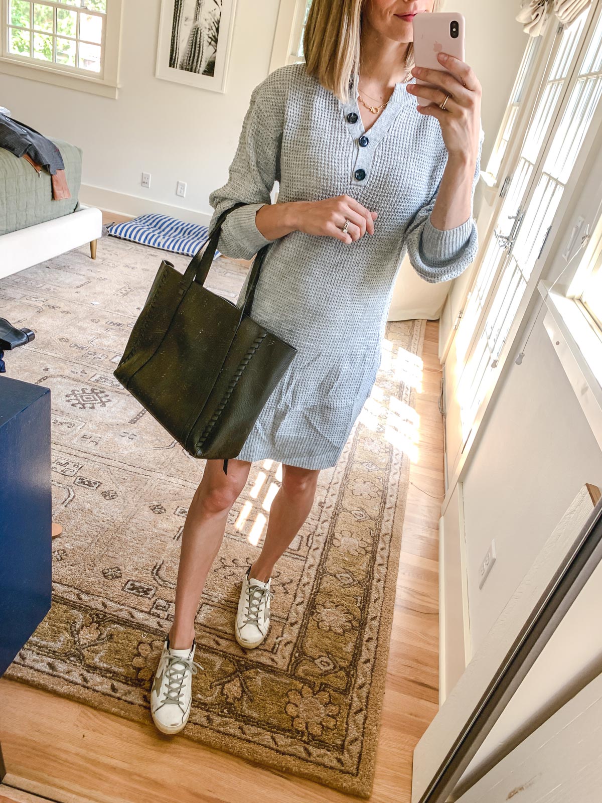 long sleeve grey sweater dress with sneakers