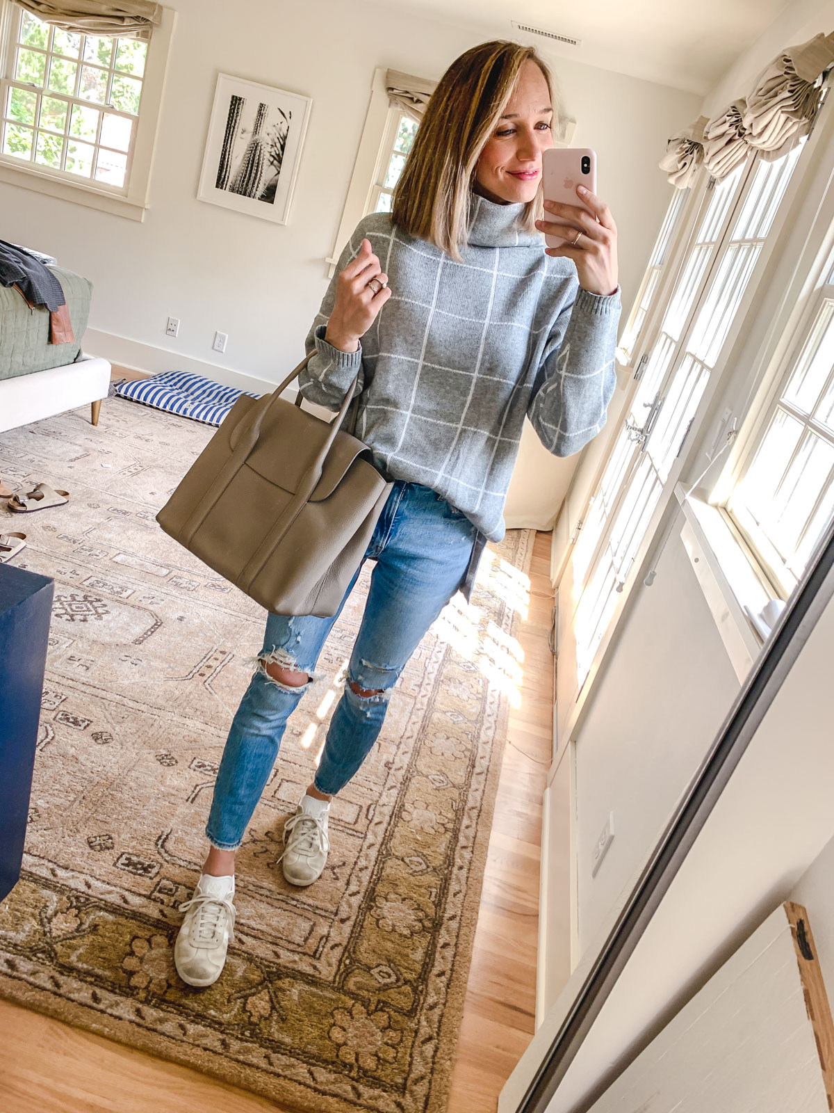 grey turtleneck sweater outfit