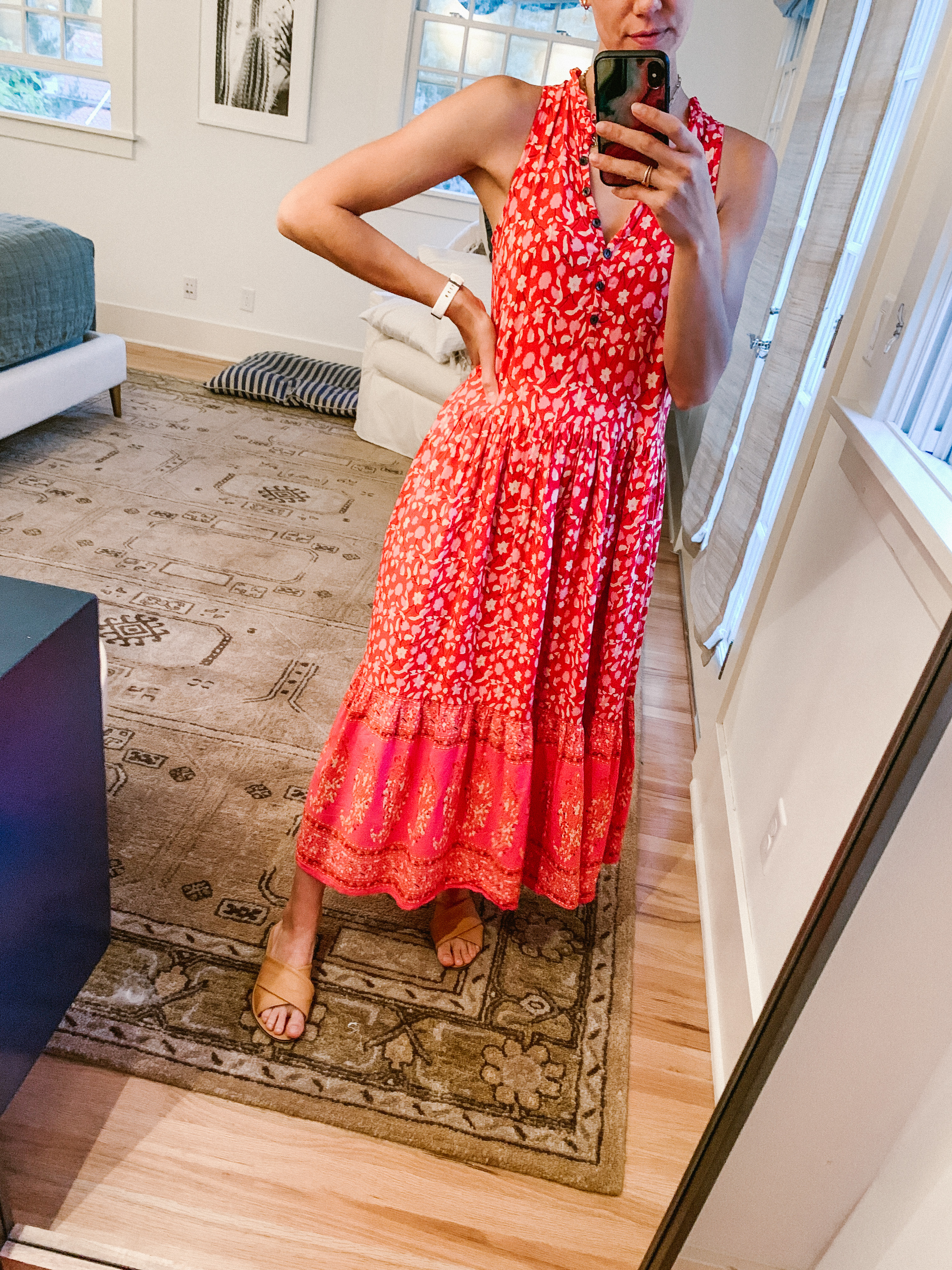 woman wearing boho maxi printed dress woman wearing boho maxi printed dress