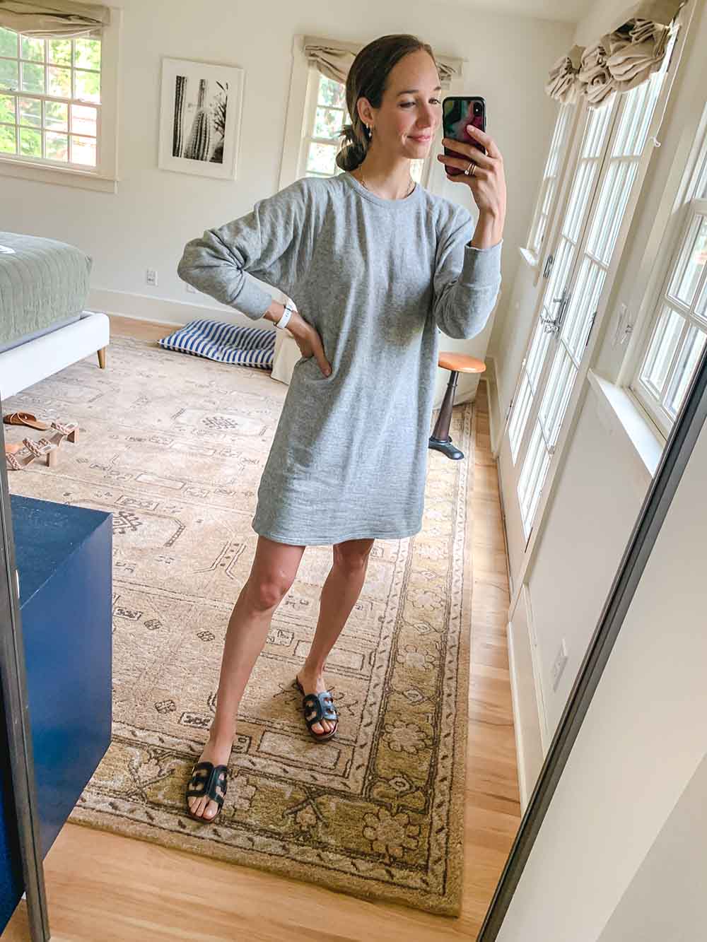 woman wearing 30 Days of Real Outfits in grey sweatshirt dress and sandals