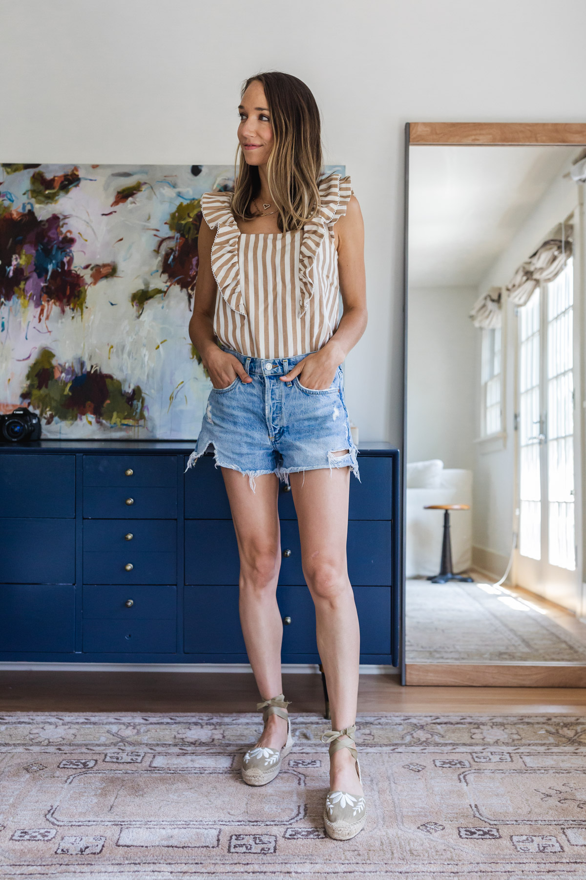 jean shorts and espadrilles outfit