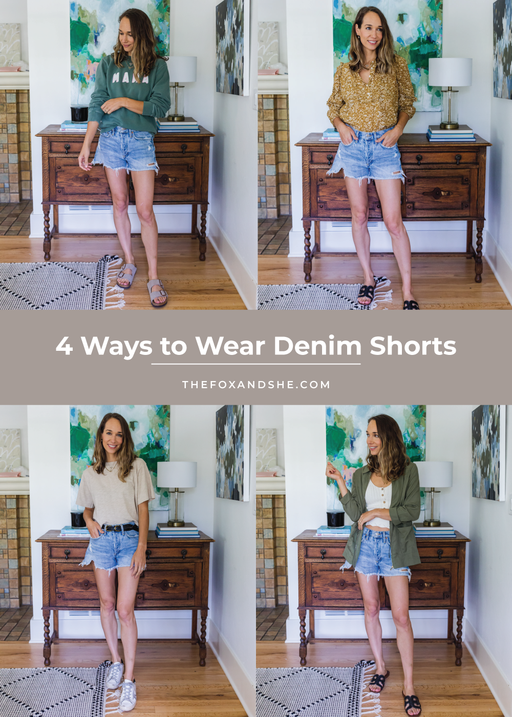 collage of woman's photo showing 4 ways to wear denim shorts