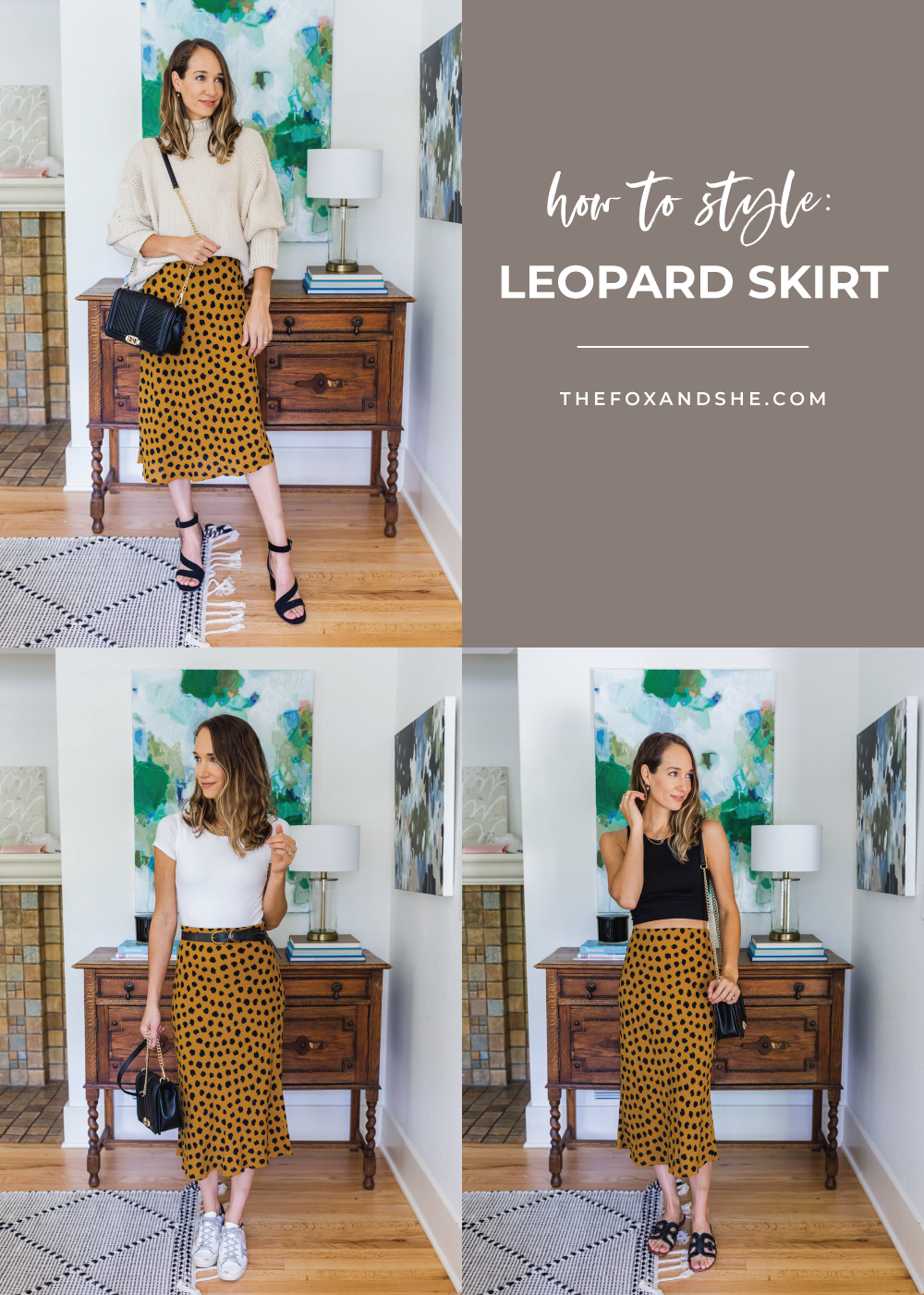 collage of leopard skirt outfits