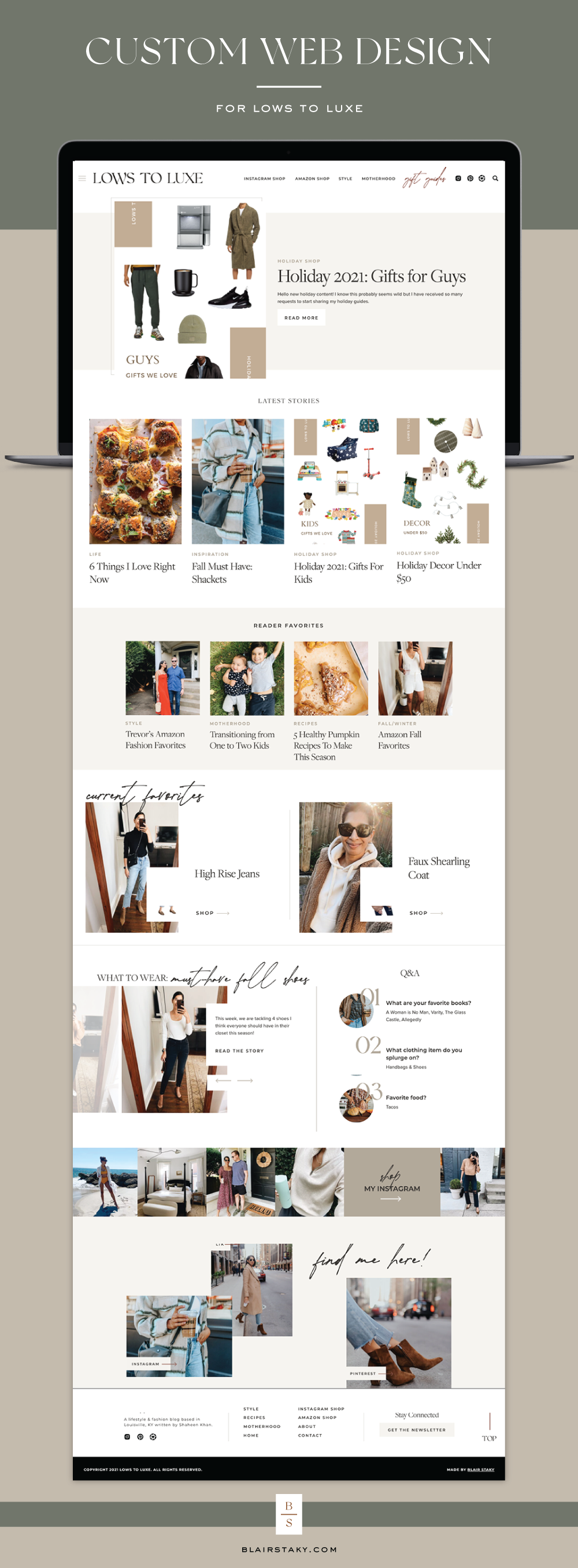 Custom web and blog design for fashion and lifestyle blog by Blair Staky design, built on Showit and WordPress for Design for Lows to Luxe