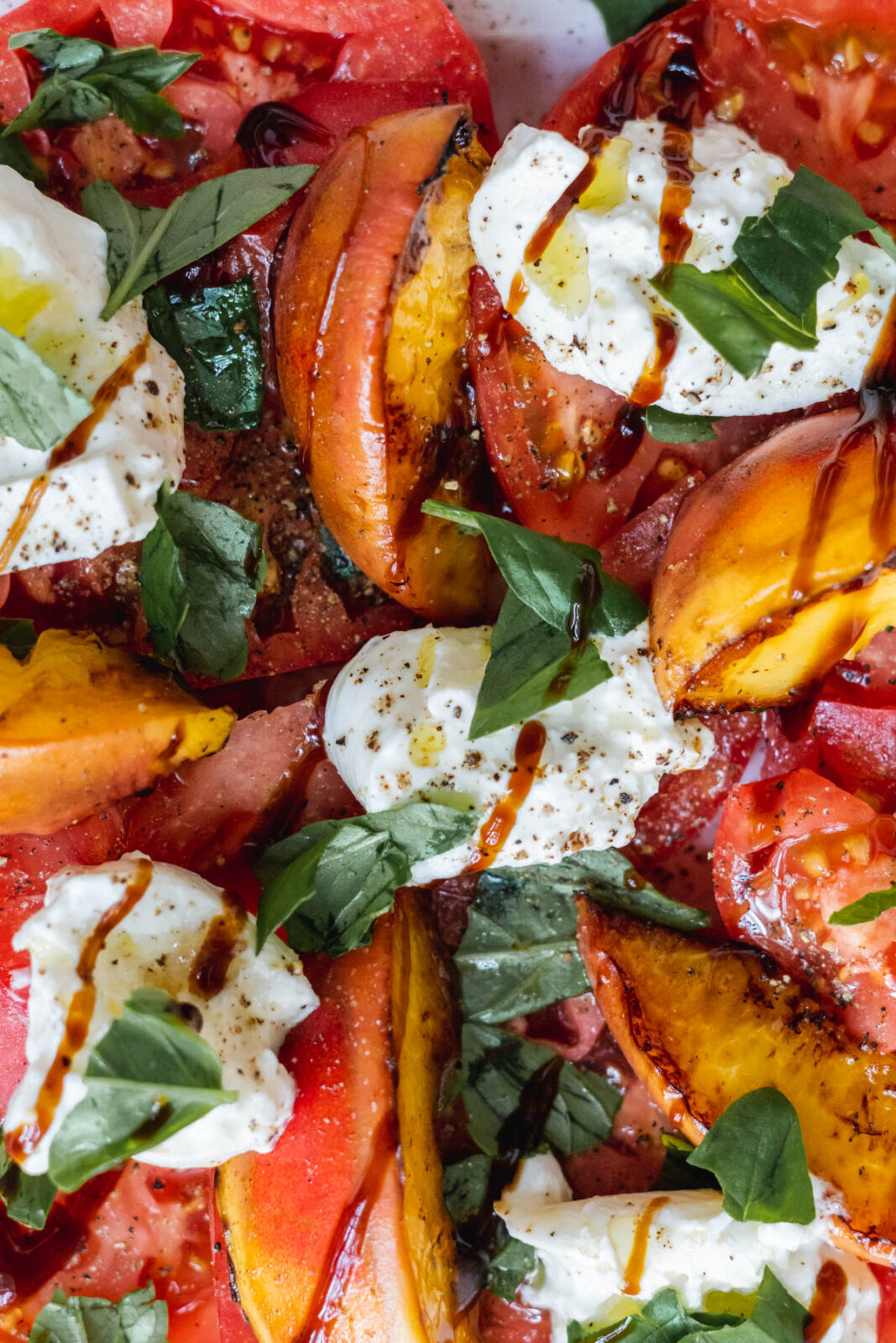 Grilled Peach Tomato Salad with Burrata, Mint & Basil