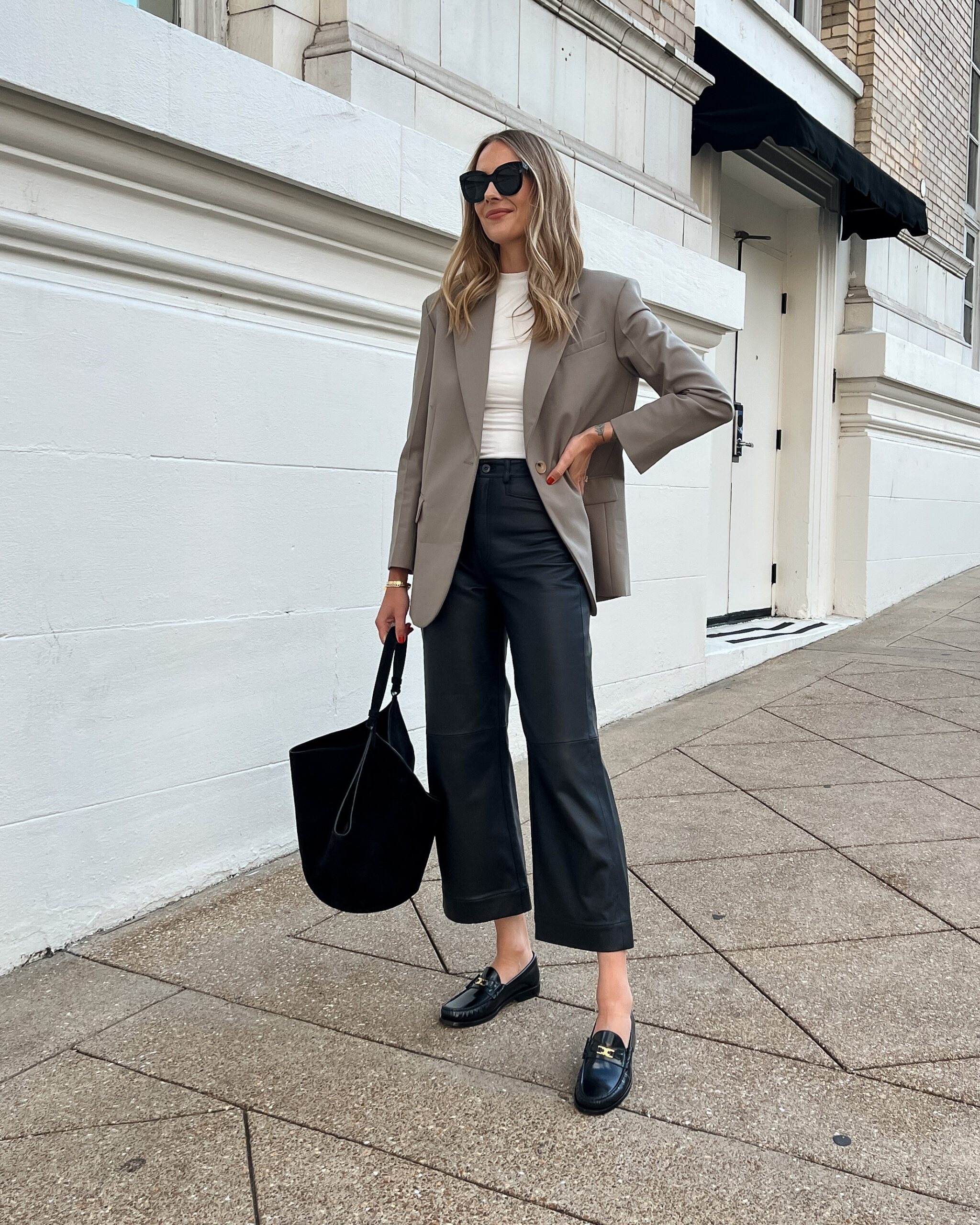 fall outfit with blazer and loafers