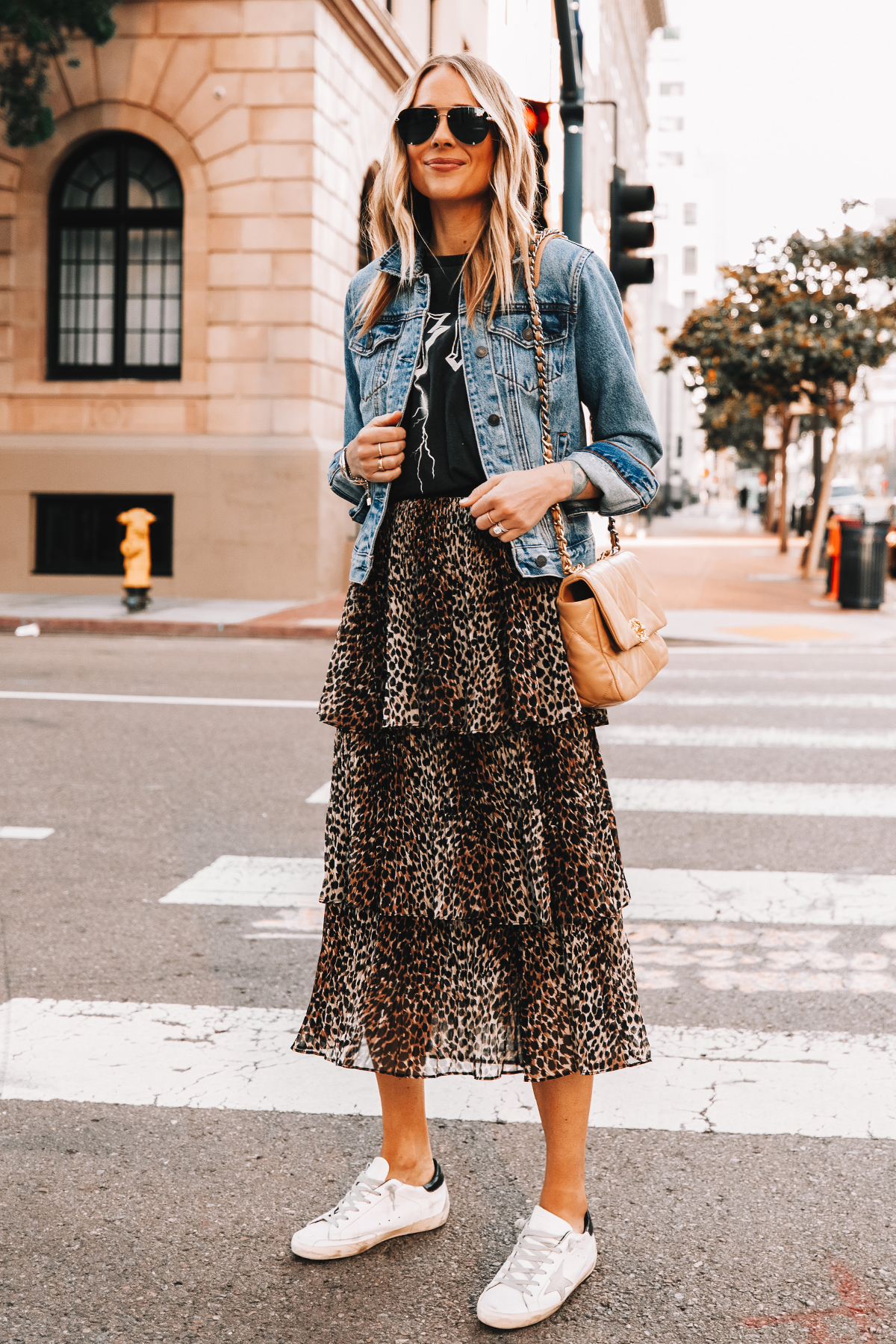 how to wear a denim jacket with a skirt