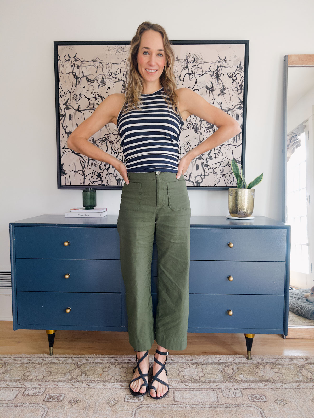 striped shirt with olive green pants