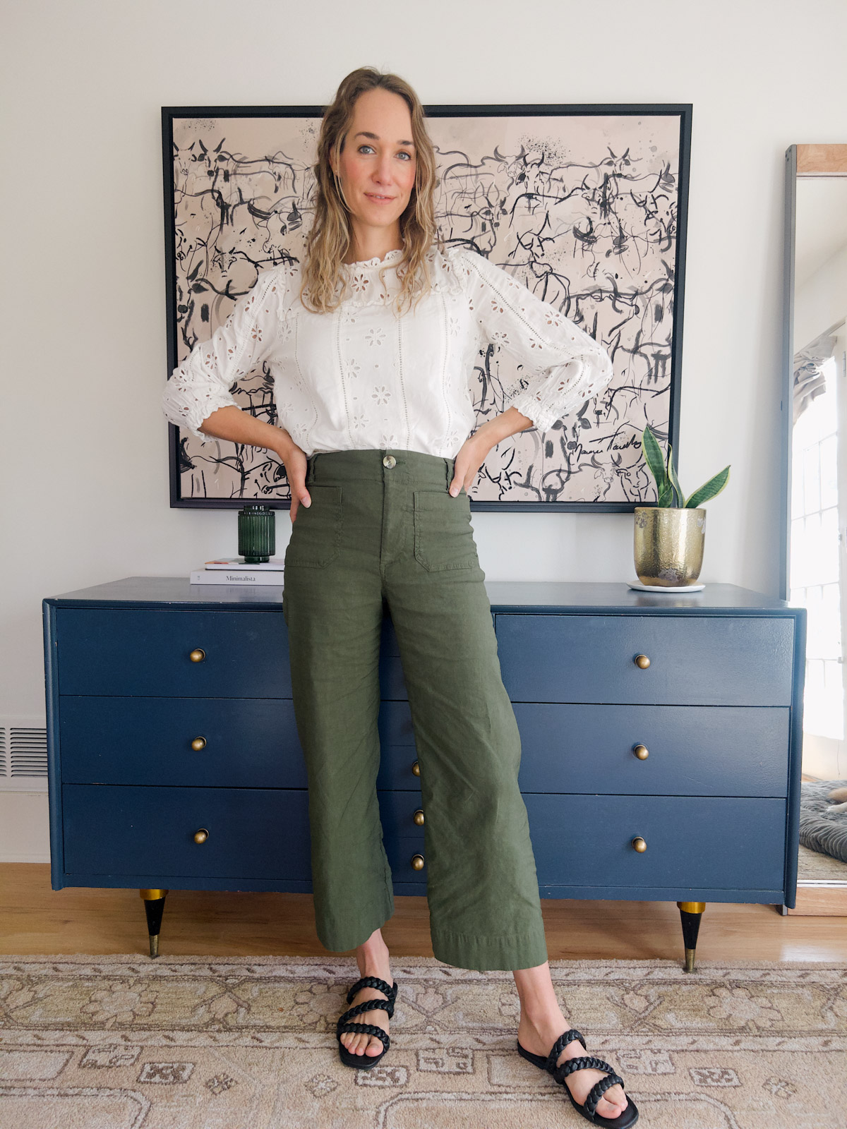 eyelet top and olive green pants