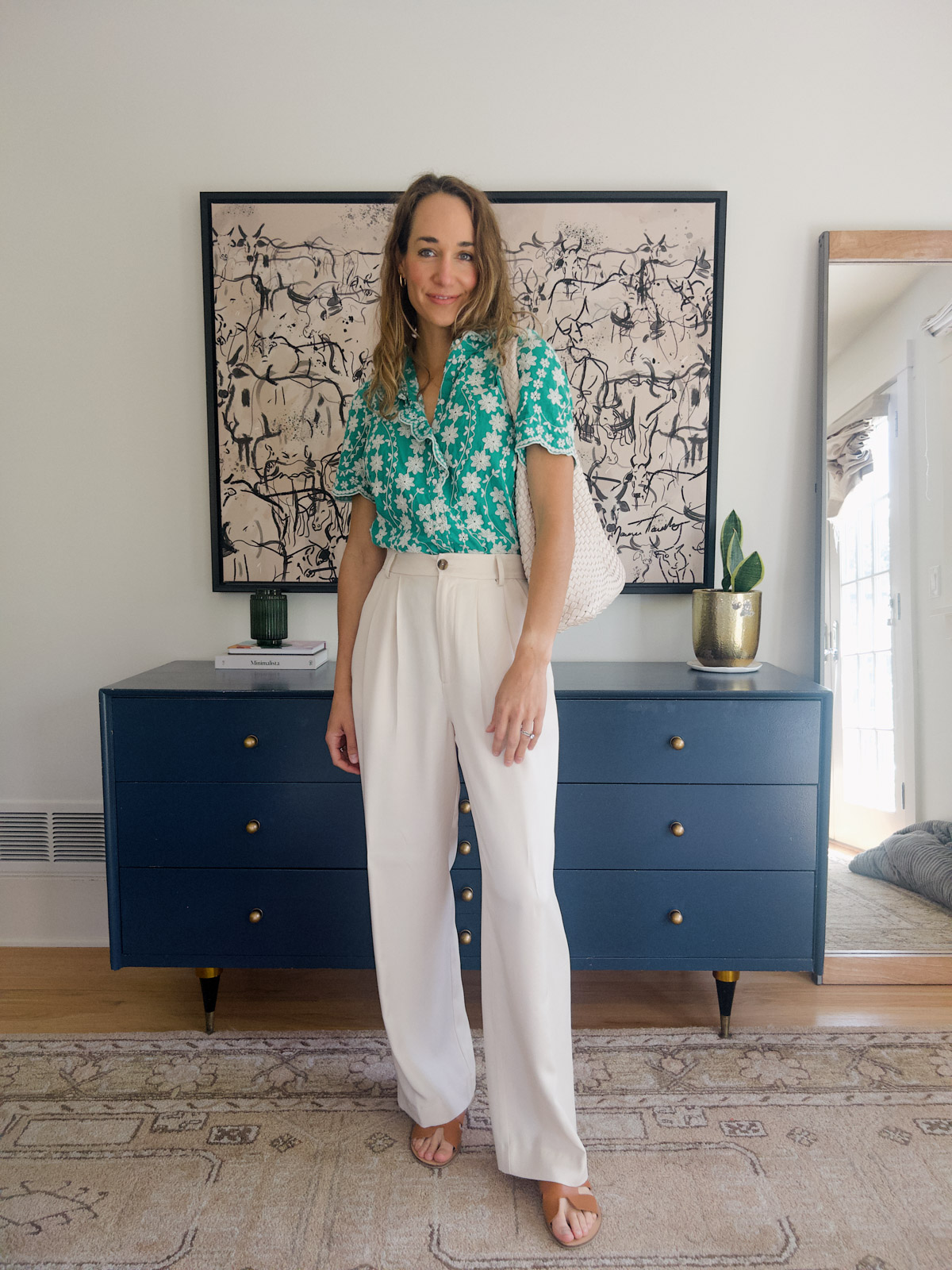 white pants outfit with green shirt