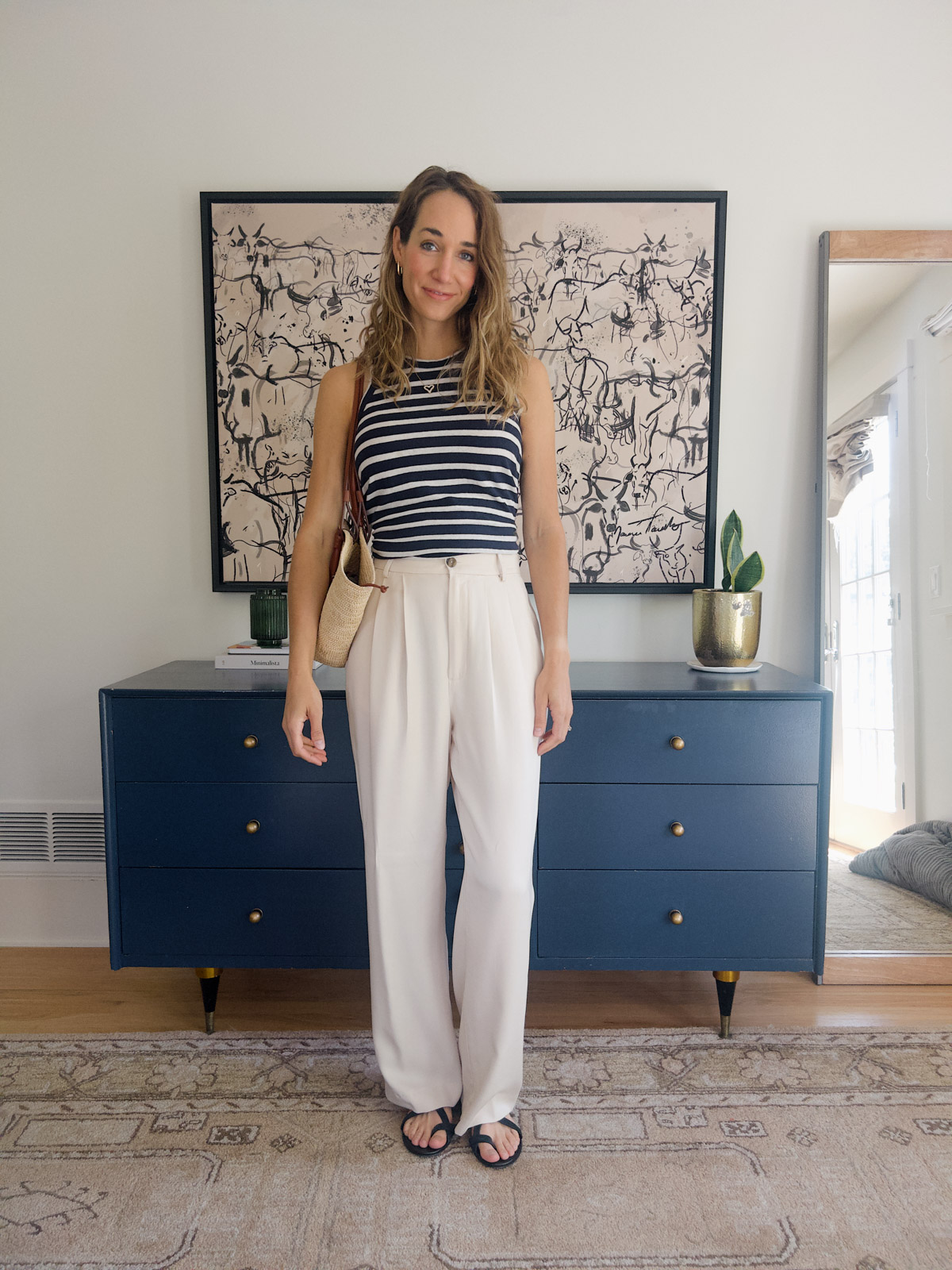 white pants outfit with striped shirt