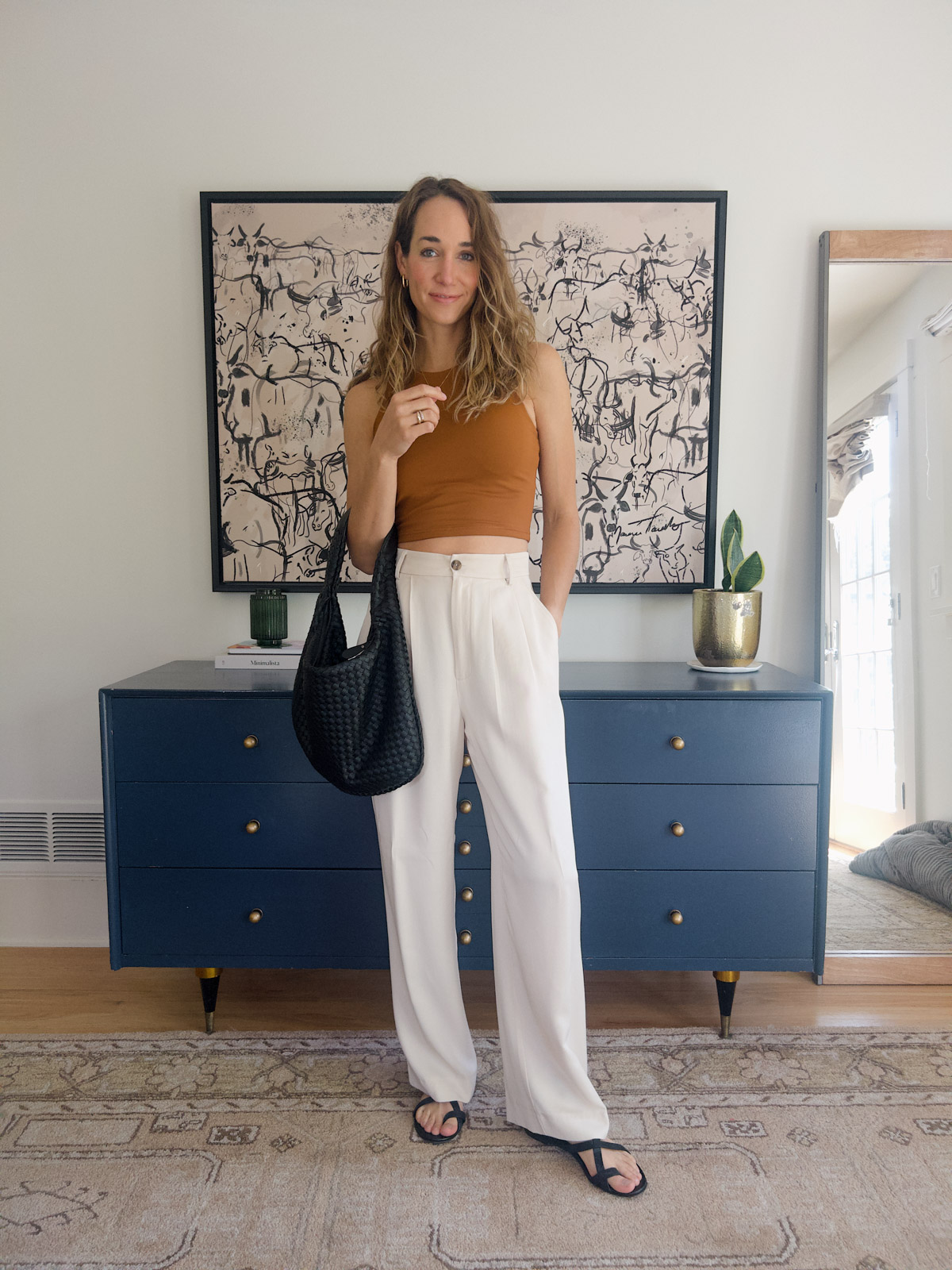 white pants outfit with cropped shirt
