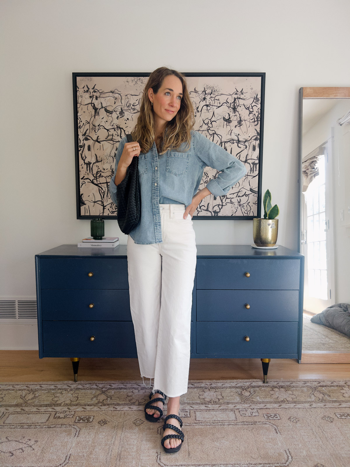 white pants outfit with denim shirt