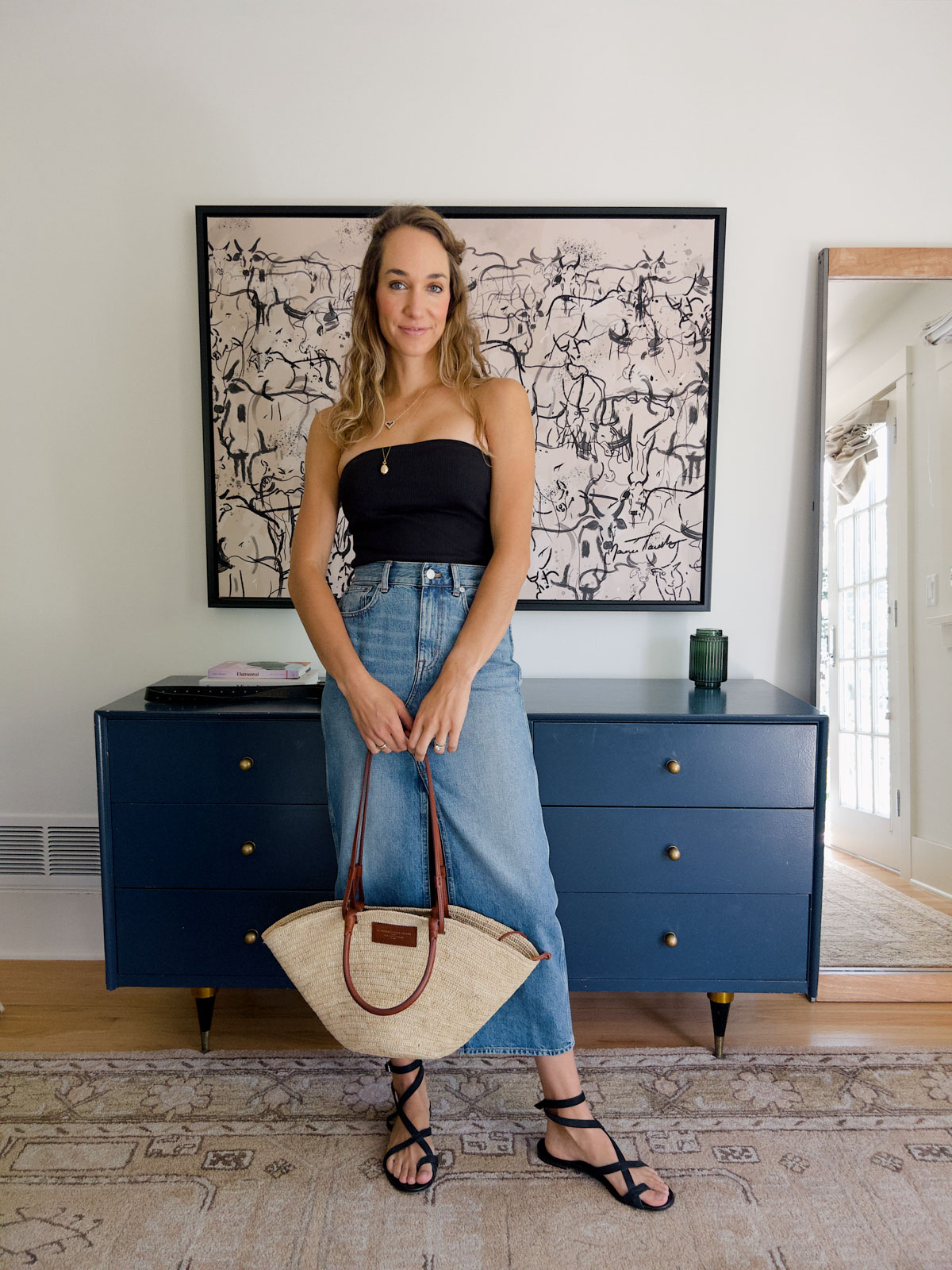 how to style a denim skirt with a tube top