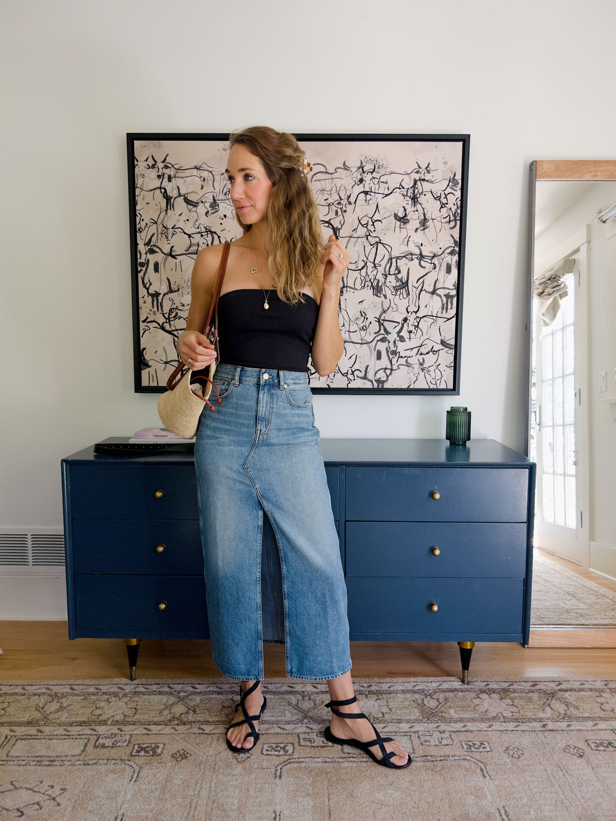 Black blue jean skirt best sale