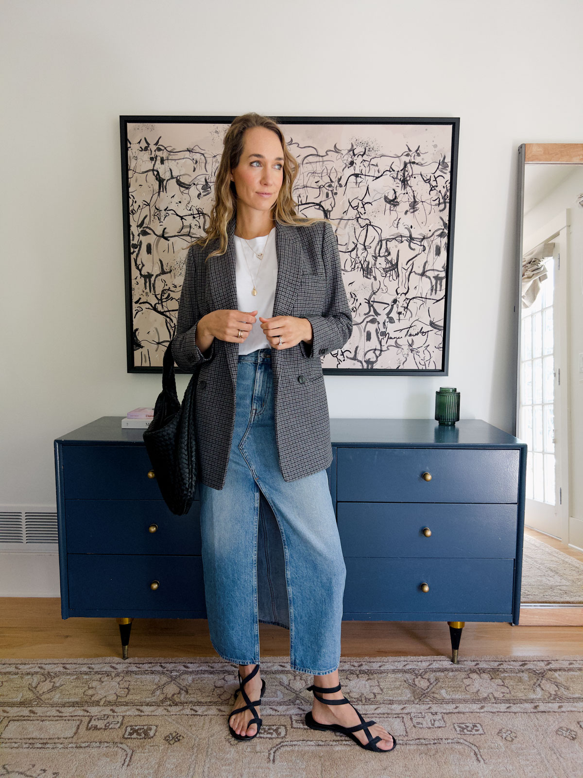 denim skirt and a blazer outfit