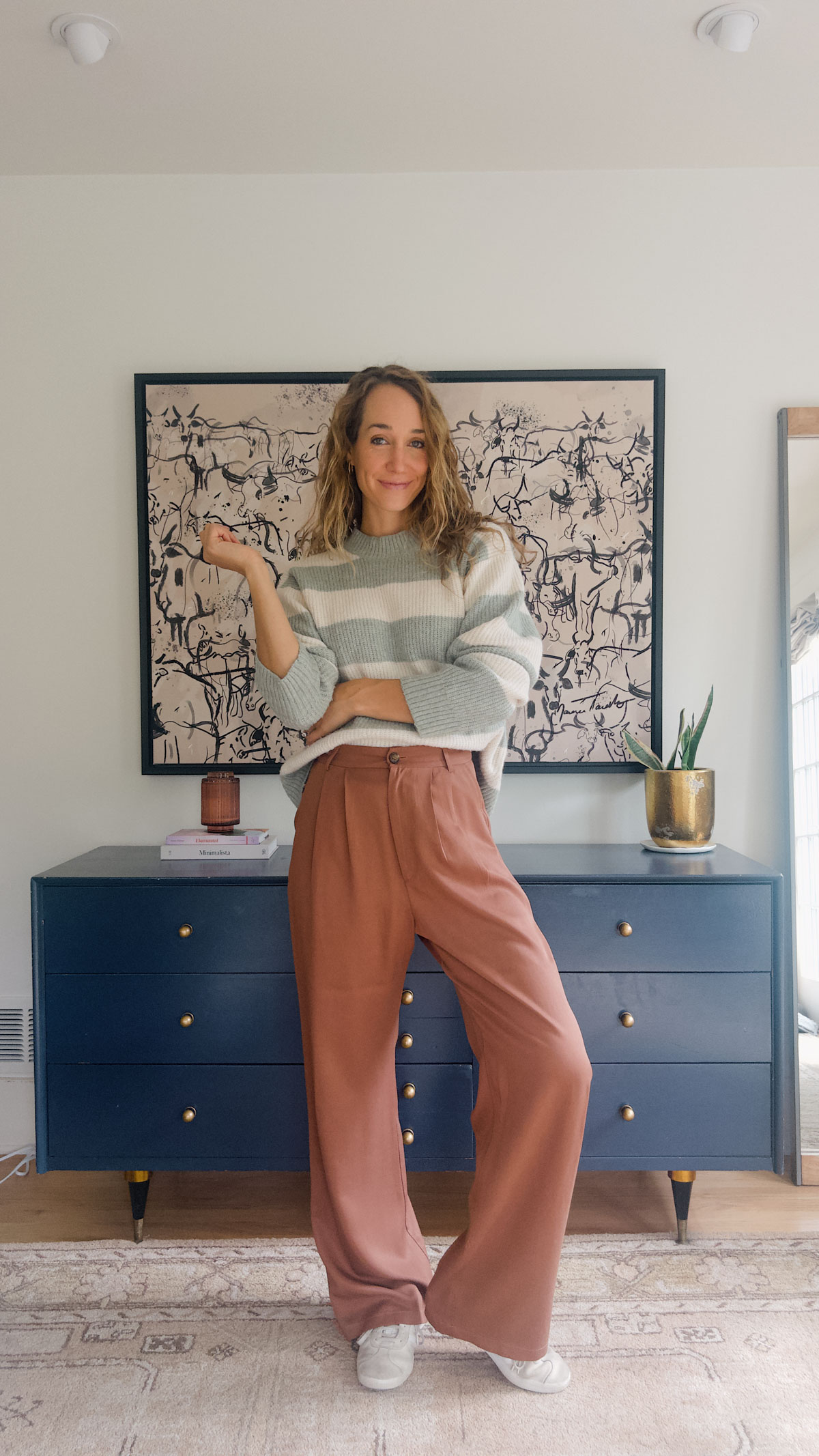 striped shirt and brown pants outfit