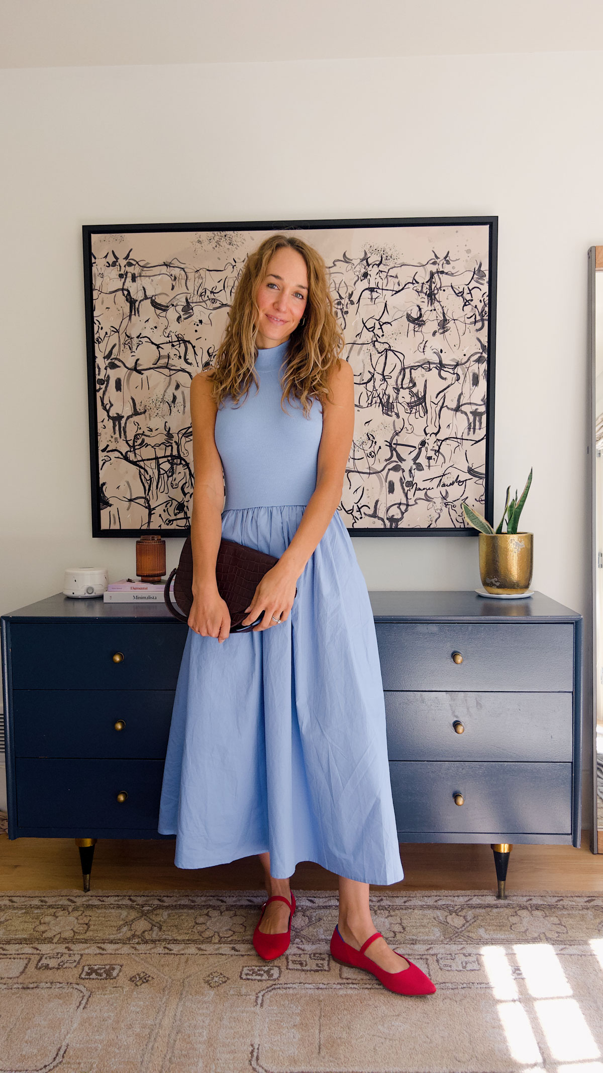 blue maxi dress and red ballet flats outfit